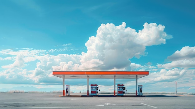 雲と青い空のガソリンスタンド