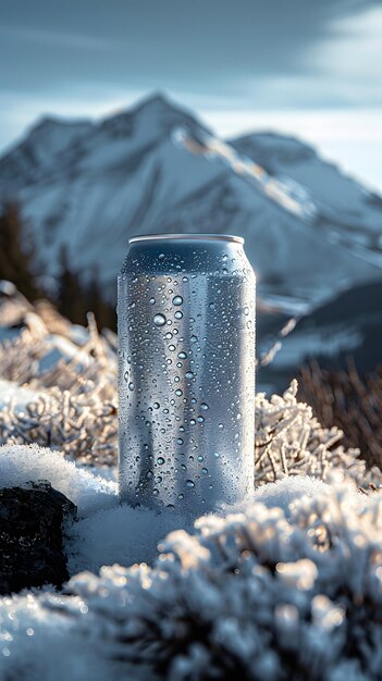 Gas kan zit in elektrisch blauw winter landschap met berg op de achtergrond