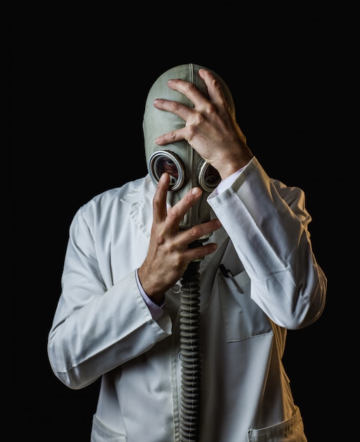 Gas mask doctor with headache symptoms