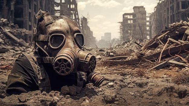 Gas mask on the ground in ruined city