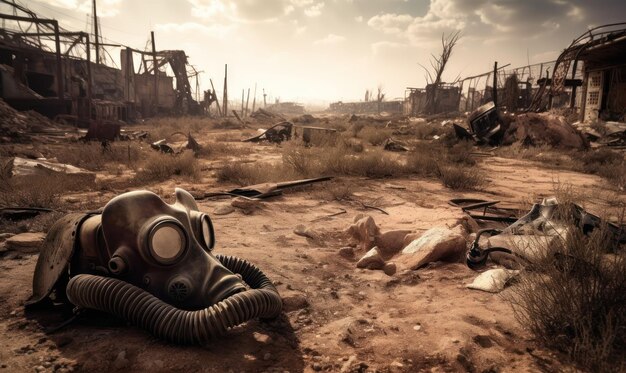 Gas mask on the ground in a ruined city