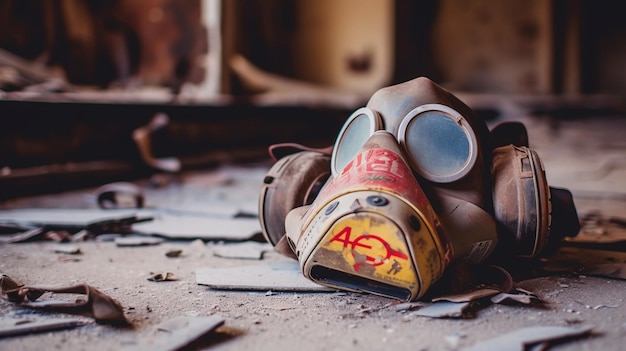 A gas mask sits on the floor of a room with debris scattered around it.