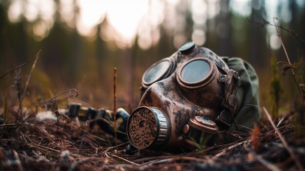 A gas mask sits on the ground in the woods.