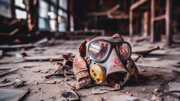 A gas mask sits in a ruined building.