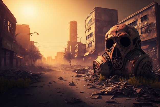 A gas mask sits in a ruined city.