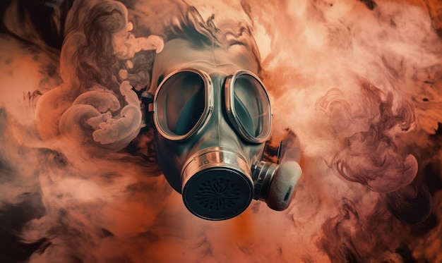 A gas mask in a smokey background