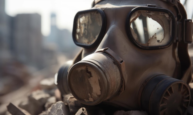 A gas mask with a city in the background