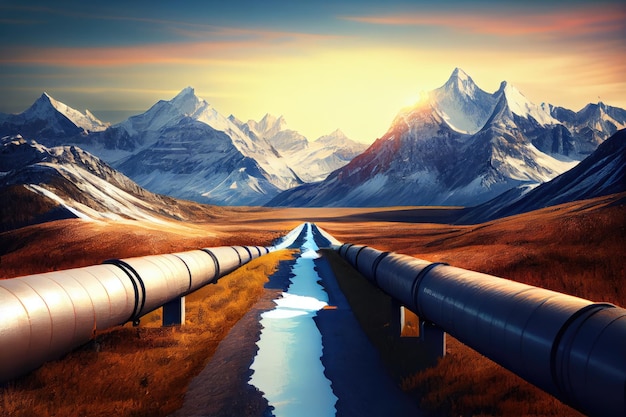 Gas pipeline running through scenic mountain range with peaks in the background