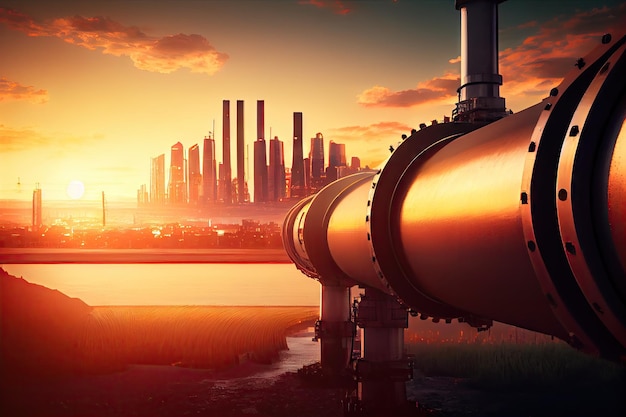 Gas pipeline with city skyline and sunset in the background