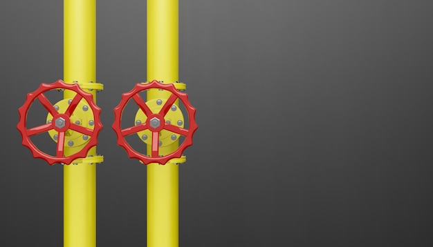 Gas pipeline with valve on a black wall with copy space for your text