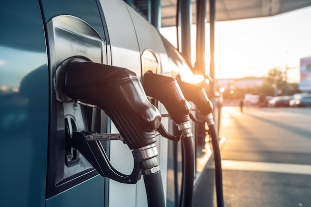 A gas pump with the sun setting behind it.