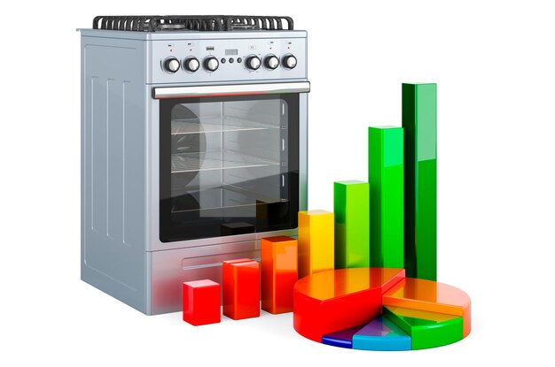 Gas range with growth bar graph and pie chart 3D rendering