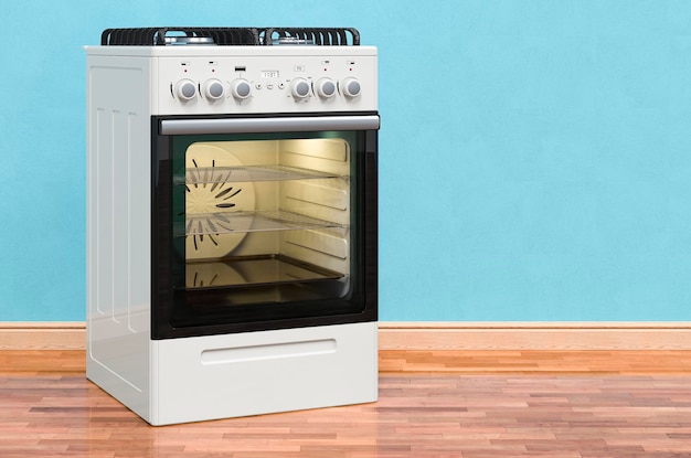 Gas range with oven and 4 burners in room on the wooden floor 3D rendering