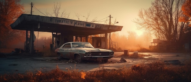ガソリンスタンドと車の霧ポスト黙示録の風景放棄されたパノラマウルトラワイドアート破壊空