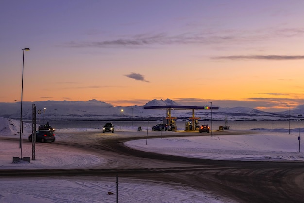 Gas station in evening at Troms Troms March 2018