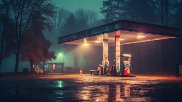 Photo a gas station in the fog at night