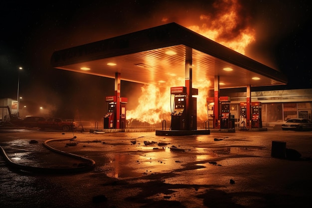 The gas station is on fire at night AI Generated