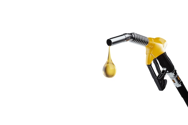 Photo gas station pistol with a drop of diesel fuel on a light background fuel pump concept of fuel