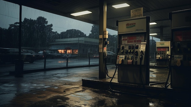 気まぐれな小さな町の雨の中のガソリンスタンド