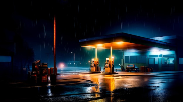 Gas station in the rain at night with full moon in the background Generative AI