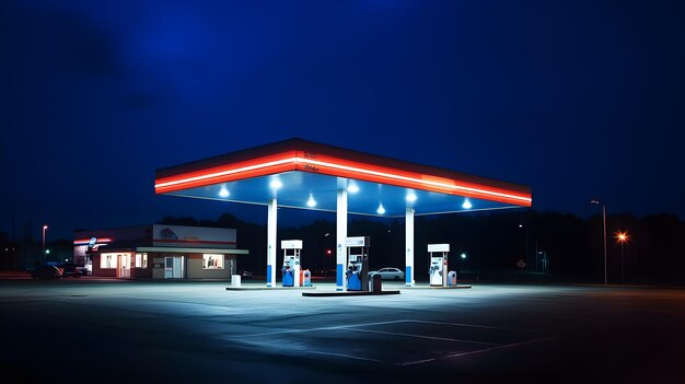 A gas station with a blue and red light on the bottom.