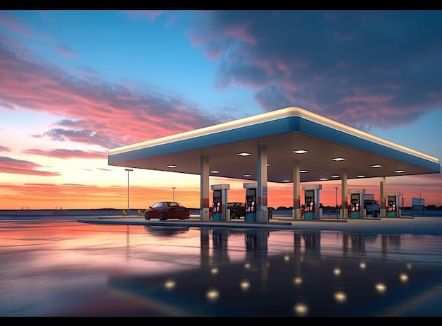 Gas station with clouds sky and sun light