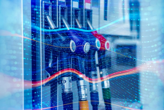 Gas station with fuel dispensers on technological background Graph of rising prices for gasoline and fuel