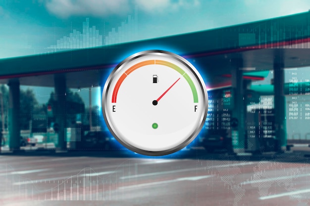 Gas station with fuel gauge for cars Refill green in blur Blurred photo for background