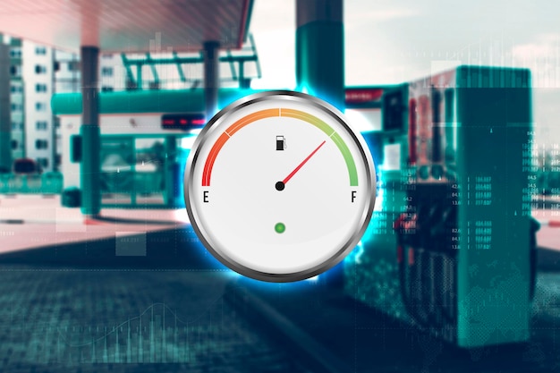 Photo gas station with fuel gauge for cars refill green in blur blurred photo for background
