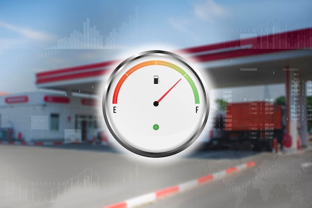 Gas station with fuel gauge for cars Refill green in blur Blurred photo for background