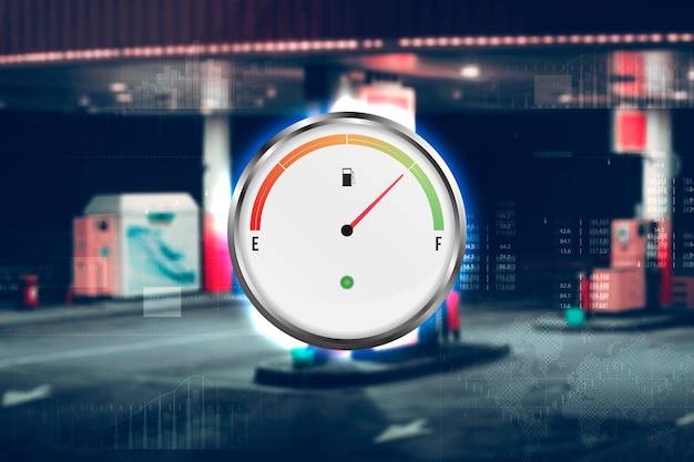 Gas station with fuel gauge at night The car is fueled with gasoline Blurred photo for background