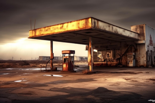 Photo a gas station with a rusty roof and a rusty roof.