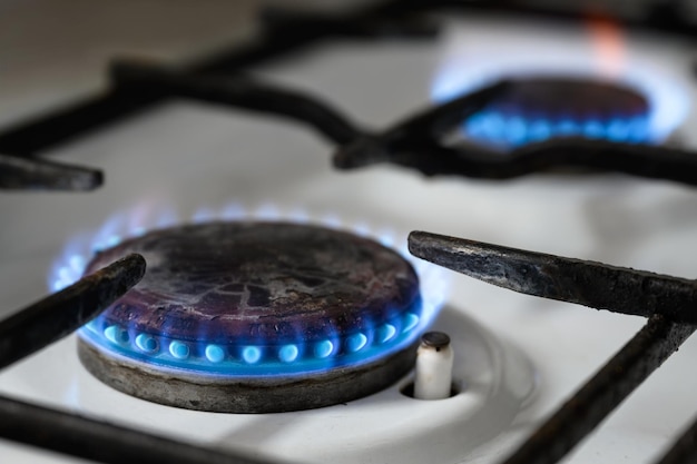 Gas stove at home natural propane gas burns in kitchen