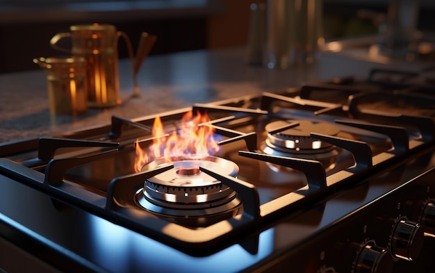 Gas stove with burning gas on the modern kitchen background Close up of a gas stove