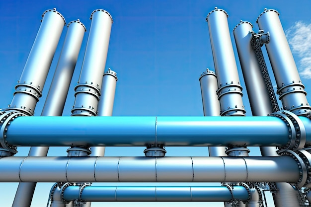 Gas supply pipes mounted atop concrete columns Blue sky and gas machinery