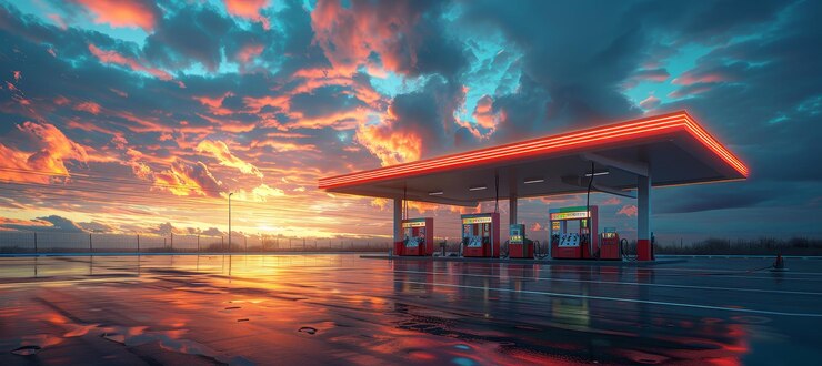 Gas tankstation met wolken en blauwe lucht