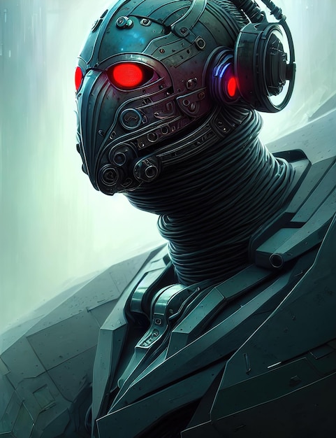 Gasmask steampunk portrait of a robot cyborg in a cyberpunk\
mask a steel helmet on his head glowing eyes of a steampunk\
humanoid gas mask 3d illustration