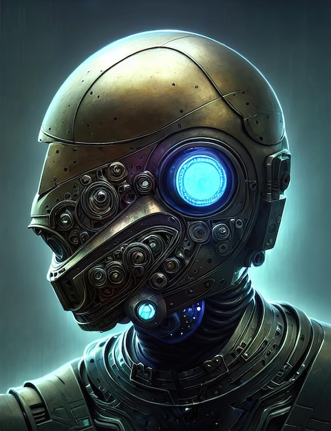 Gasmasker steampunk portret van een robot cyborg in een cyberpunk masker Een stalen helm op zijn hoofd gloeiende ogen van een steampunk humanoïde gasmasker 3d illustratie