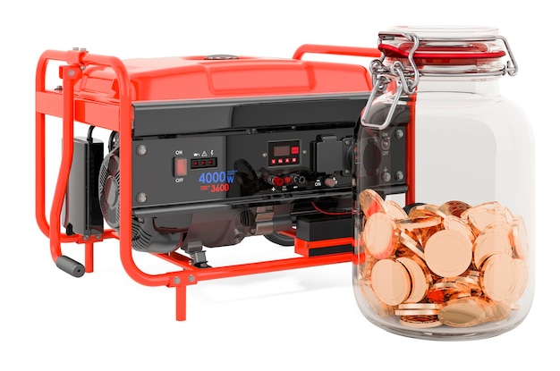 Gasoline generator with glass jar full of golden coins 3D rendering