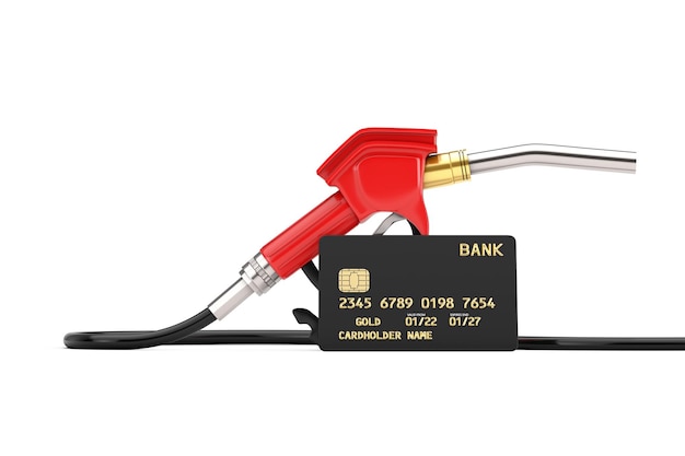 Photo gasoline pistol pump fuel nozzle gas station dispenser and black plastic golden credit card with chip 3d rendering