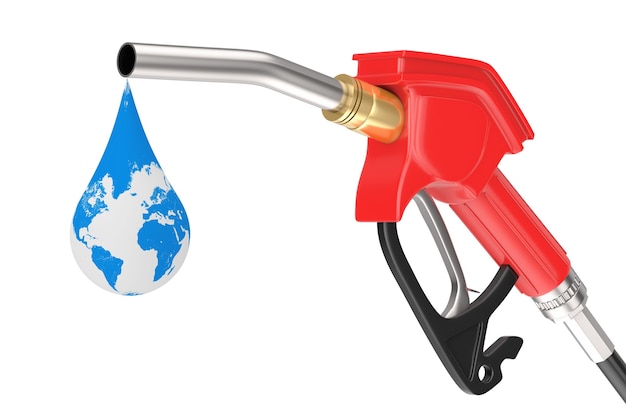 Gasoline Pistol Pump Fuel Nozzle, Gas Station Dispenser with Droplet of Earth Globe on a white background. 3d Rendering