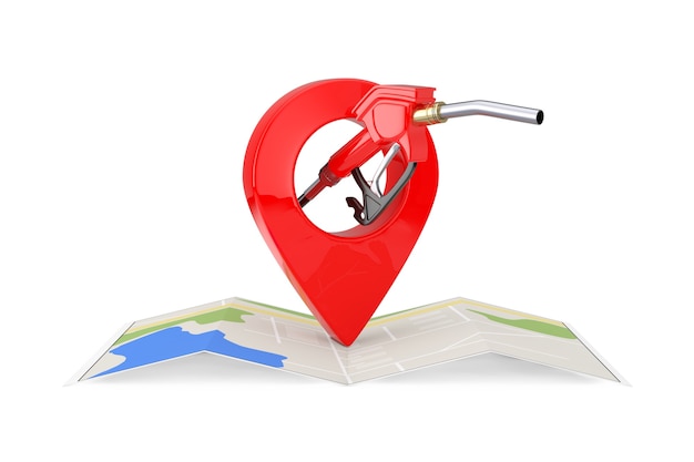 Gasoline Pistol Pump Fuel Nozzle, Gas Station Dispenser with Folded Abstract Navigation Map and Map Pointer Pin on a white background. 3d Rendering