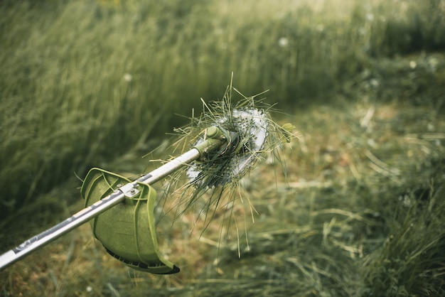 Gasoline trimmer head on green grass. Round trimmer blade.