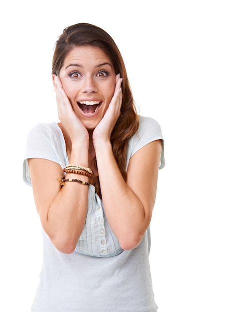 Gasp Wow surprise and portrait with a woman in studio on a white background saying wow or omg in an expression of shock Happy surprised and shoked with an attractive young female looking excited