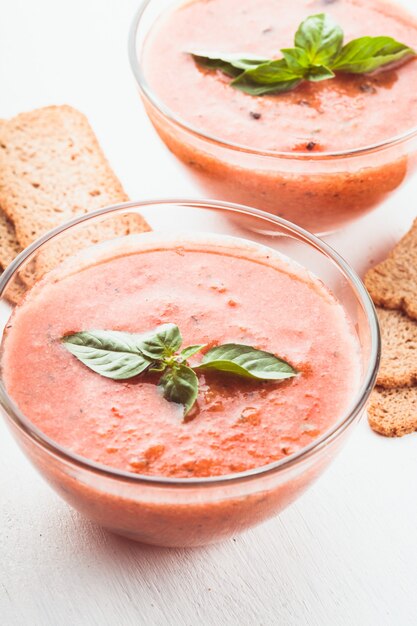 Gaspacho - cold tomato soup in glass bowl