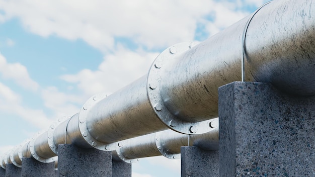 Gaspijpleidingen met bewolkte hemel, lange pijpen op betonnen steunen, 3d render