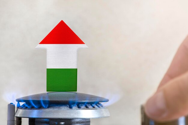 Gasprijs Stijging van de gasprijzen in Hongarije Een brander met een vlam en een pijl omhoog geschilderd in de kleuren van de Hongaarse vlag Het concept van stijgende gas- of energieprijzen