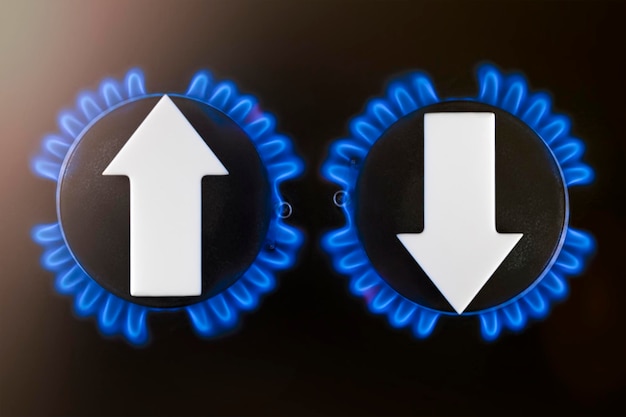Gasprijs Toeleveringsketens en de energie-gascrisis Gasfornuis met een brandende vlam en een grafiekpijl die op en neer wijst