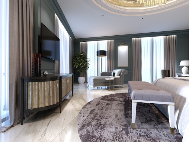 Gastenkamer in een luxe nieuw hotel met open ruimte, een slaapkamer en een woonkamer lounge. 3D-rendering.
