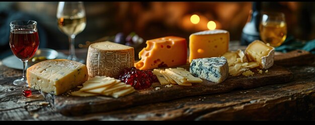 A Gastronomic Extravaganza A Bountiful Display of Delectable Cheese and Exquisite Wine on an